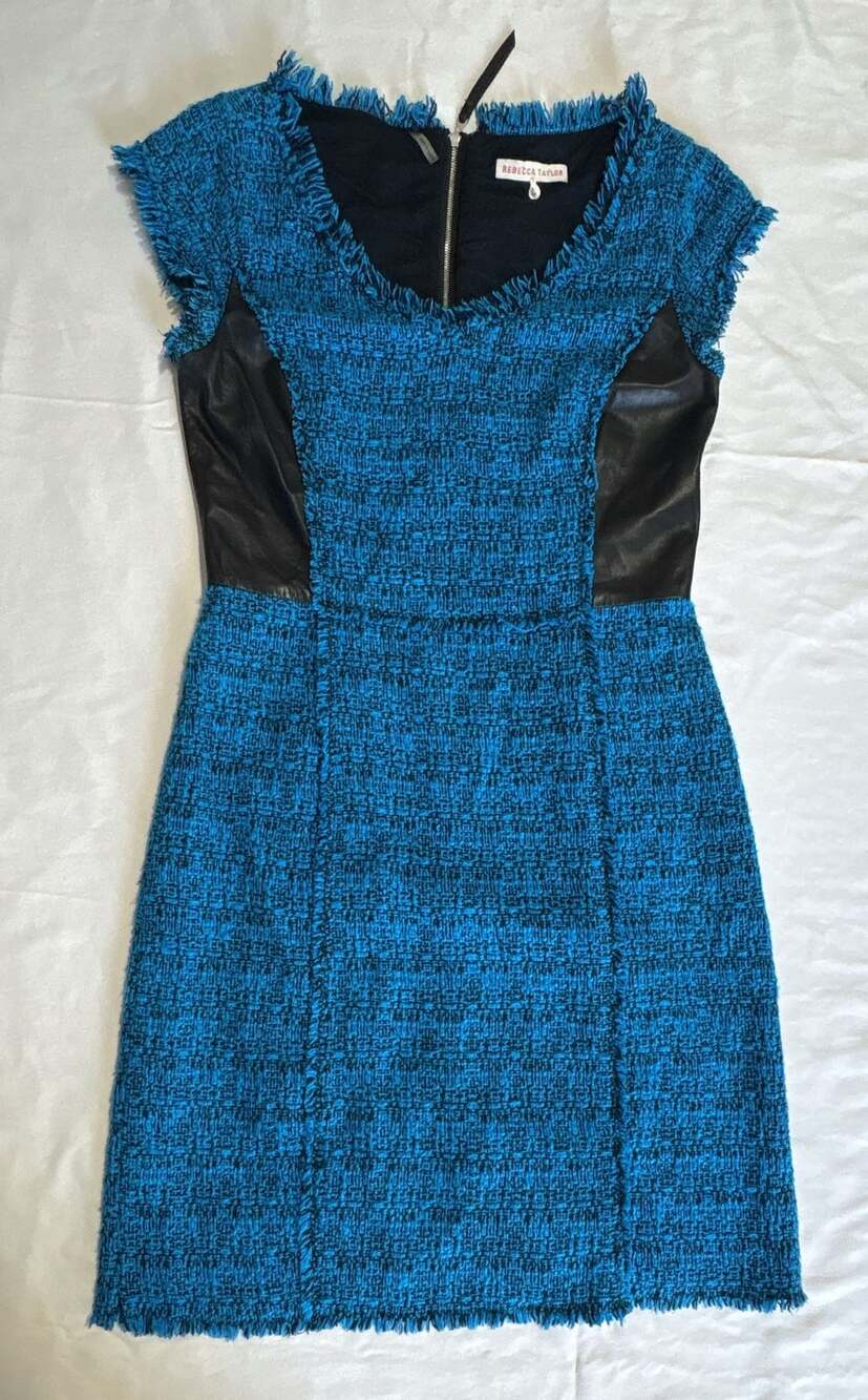 Rebecca Taylor Blue Black Tweed Shift Dress with Leather Trim